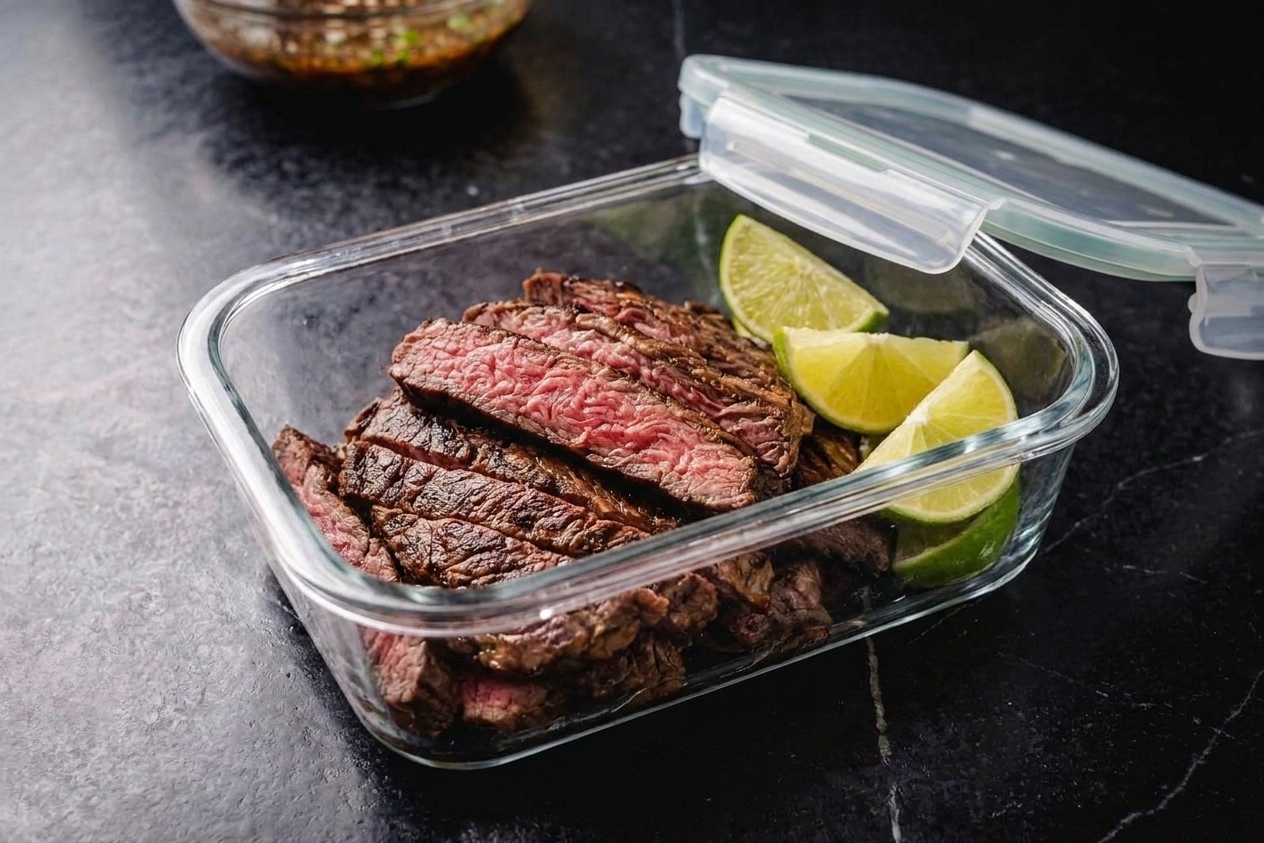 Sliced carne asada stored in a clear airtight container with a few lime wedges on a kitchen counter