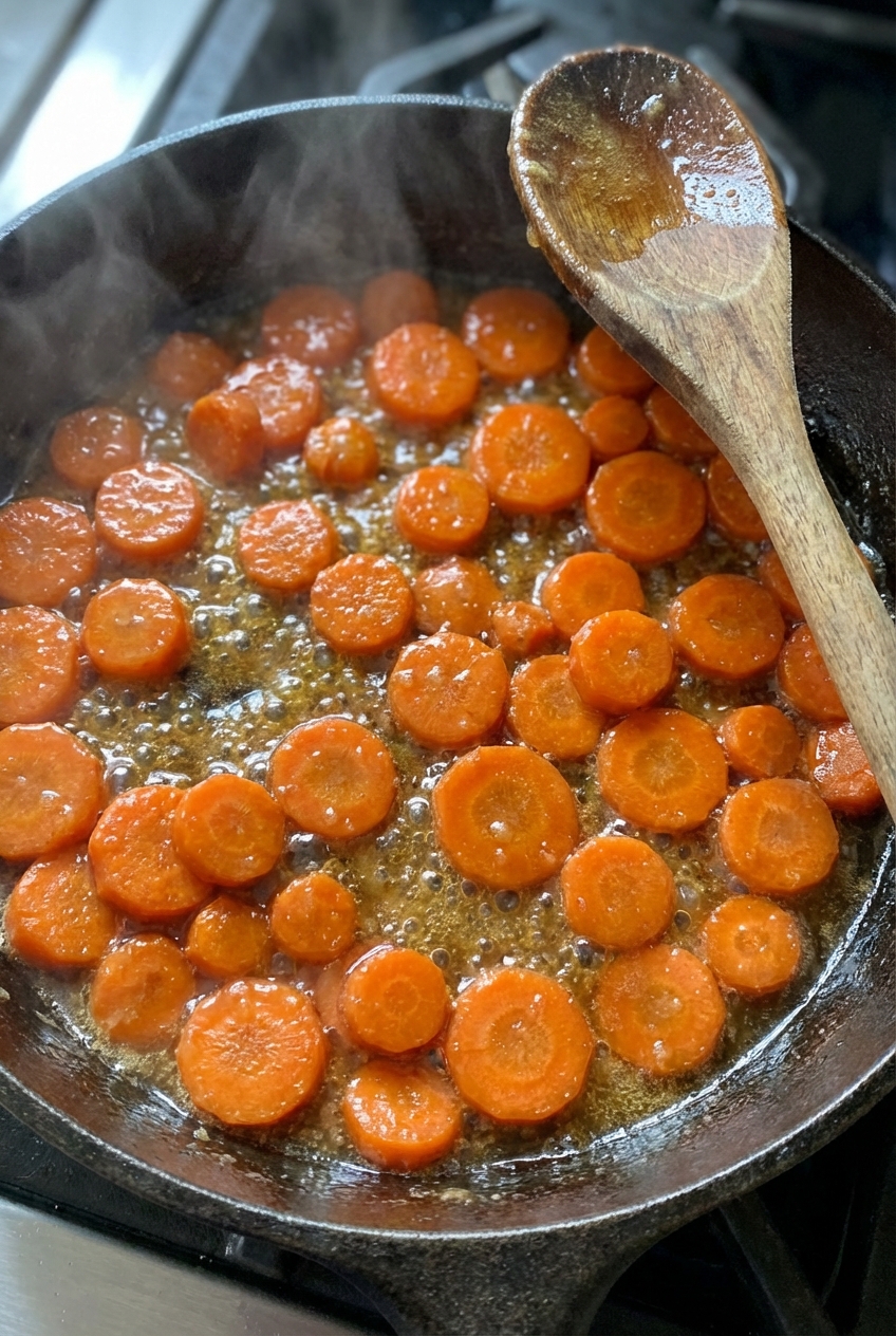 Sliced carrots simmering in a skillet with bubbling honey butter glaze and a wooden spoon resting on the edge