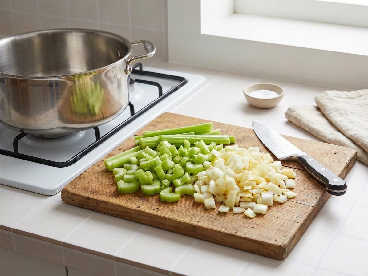Sliced celery and diced onion piled on a cutting board beside a large soup pot on a home kitchen counter