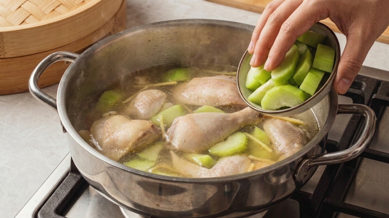 Sliced chayote being added into a simmering pot of clear chicken ginger broth on a stovetop