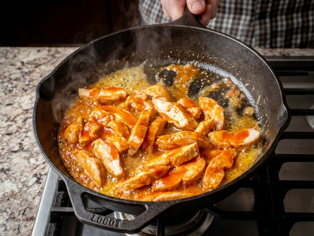 Sliced chicken being tossed in a skillet with melted butter and buffalo hot sauce, glossy and simmering lightly