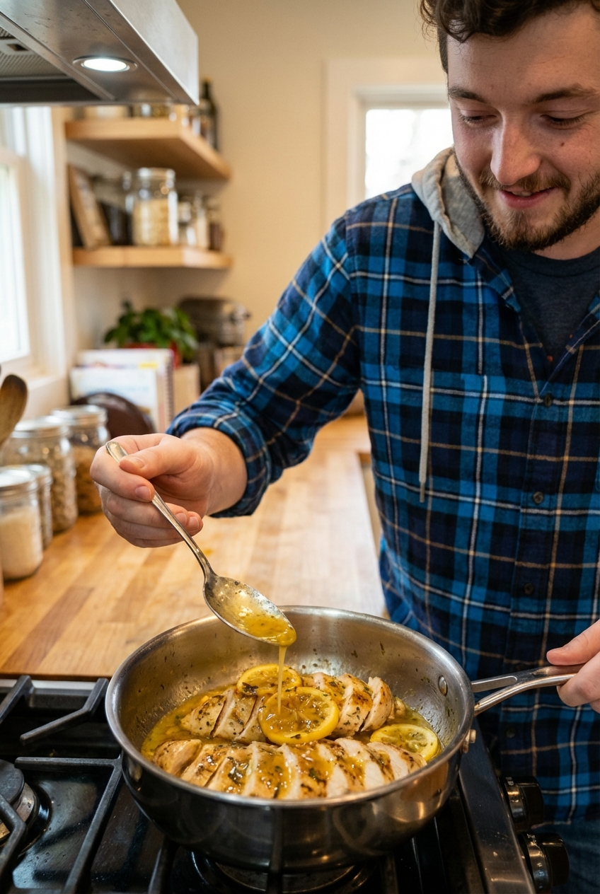 Sliced chicken breast being spooned with glossy lemon pan sauce in a small saucepan