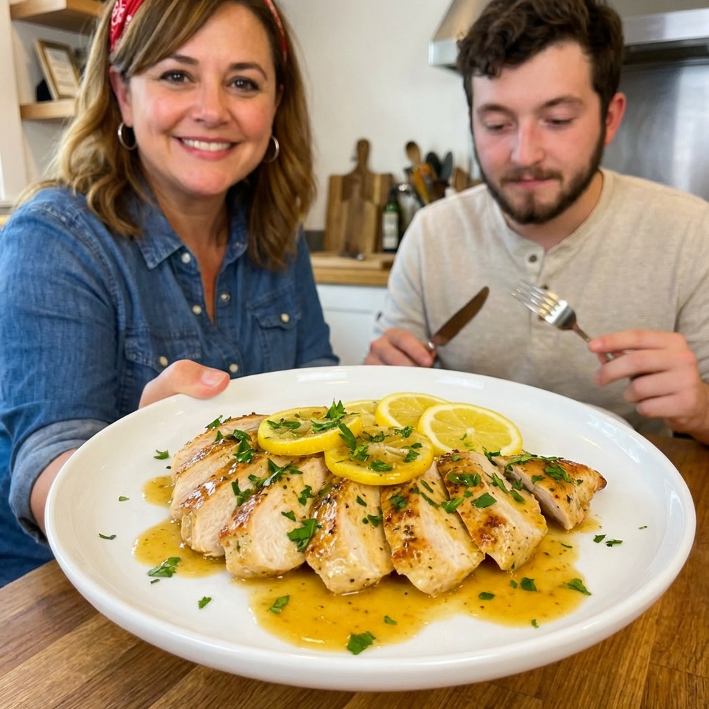 Sliced chicken breast fanned on a plate with a light lemon-butter pan sauce spooned over it