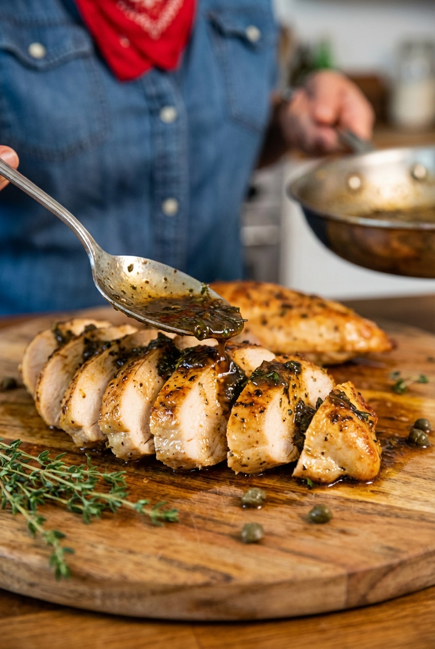 Sliced chicken breast showing a juicy interior on a cutting board with pan sauce spooned over the top