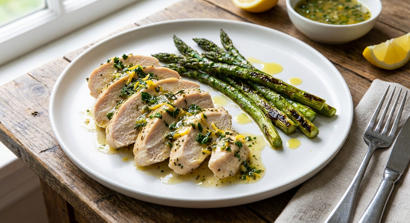 Sliced chicken breast topped with lemon herb sauce on a plate with roasted asparagus