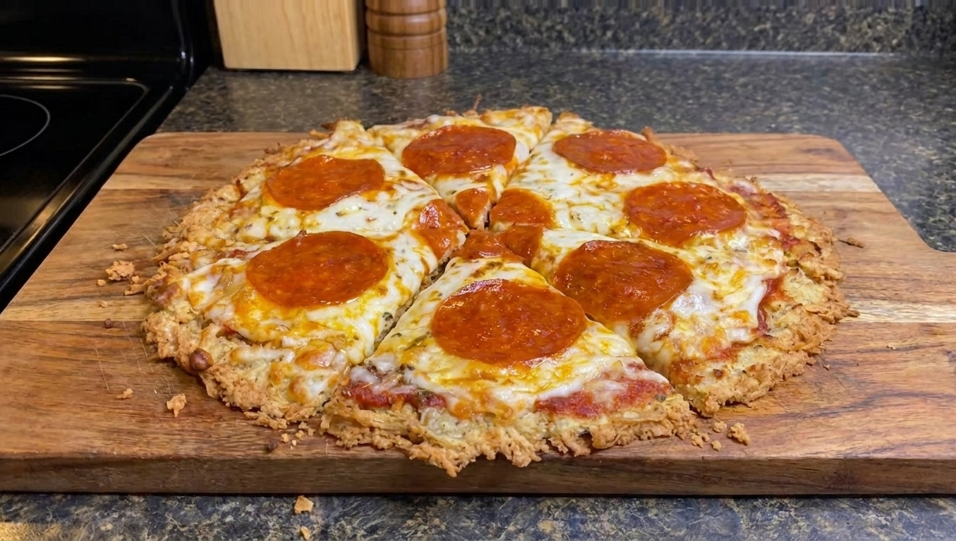 Sliced chicken crust pizza on a cutting board with melted cheese and pepperoni