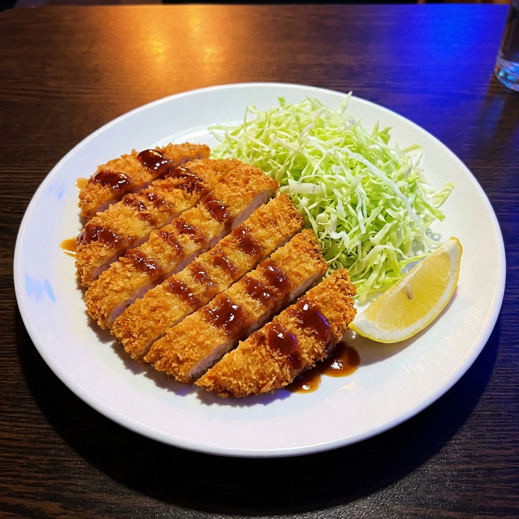 Sliced chicken katsu on a plate with shredded cabbage and a lemon wedge