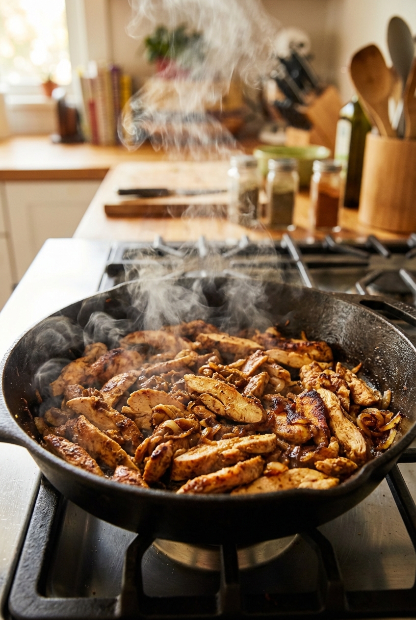 Sliced chicken shawarma in a hot skillet with browned edges and steam rising