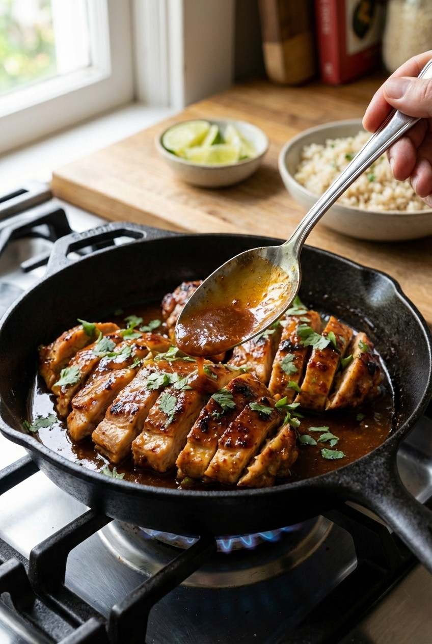 Sliced chipotle chicken being spooned with glossy pan sauce in a skillet