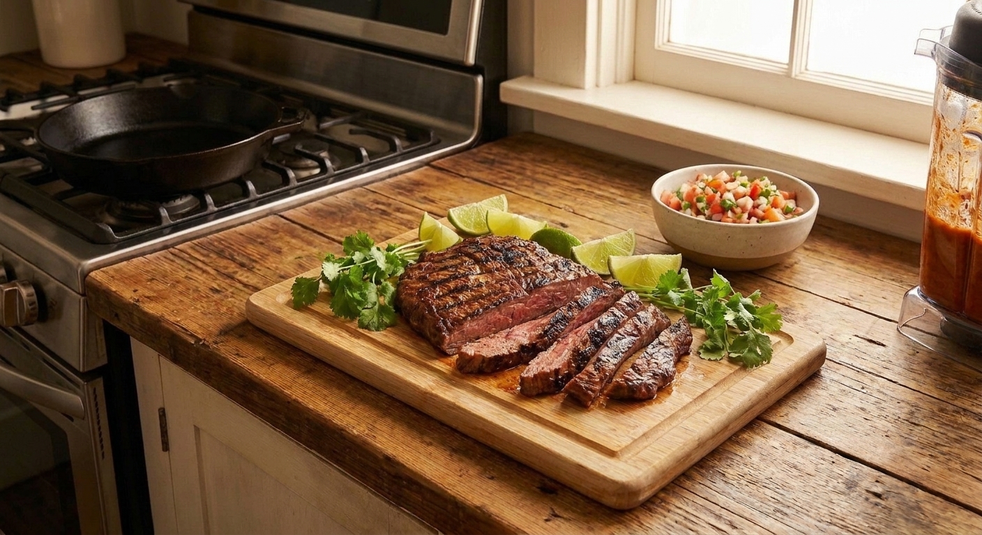 Sliced chipotle-marinated steak fanned on a cutting board with charred edges, lime wedges, and cilantro on a warm kitchen counter
