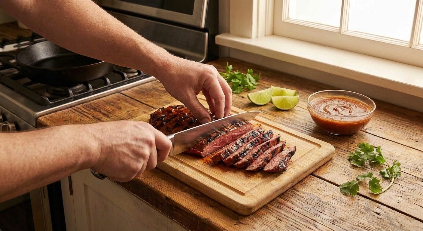Sliced chipotle steak cut thinly against the grain on a wooden cutting board with a chef's knife