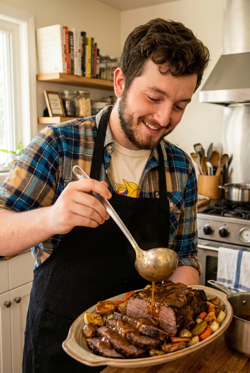 Sliced chuck roast being served with a ladle of onion gravy