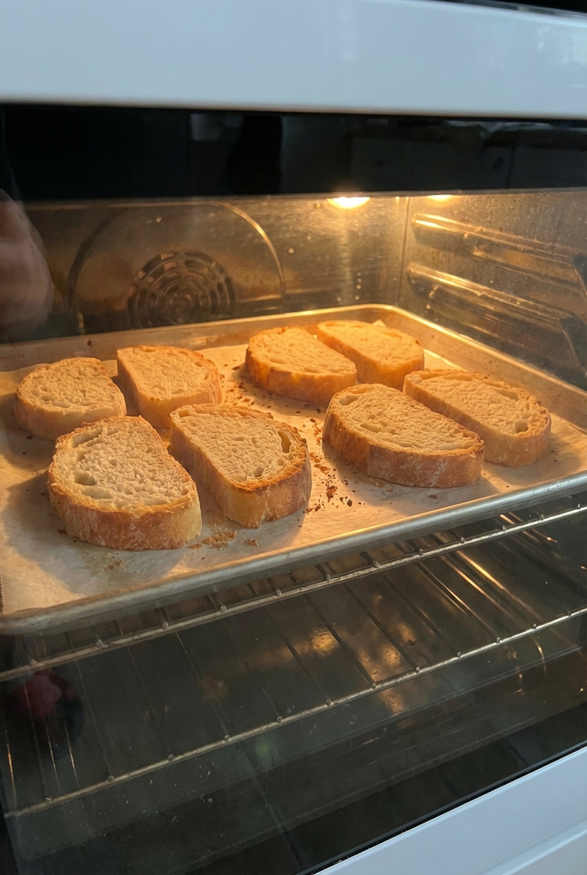 Sliced ciabatta bread being toasted on a baking sheet in an oven