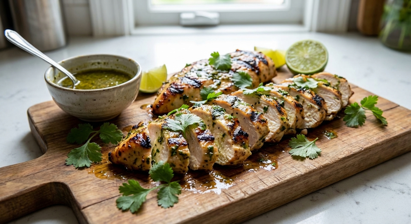 Sliced cilantro lime chicken breasts on a cutting board with fresh cilantro leaves, lime wedges, and a small bowl of marinade nearby, natural window light, photorealistic food photography