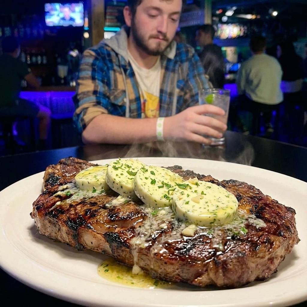 Sliced coins of earthy garlic butter melting on a hot grilled steak on a plate