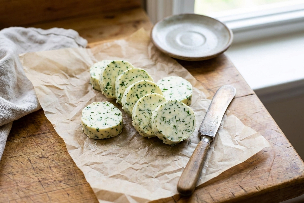 Sliced coins of garlic herb compound butter arranged on parchment with a butter knife, ready to serve