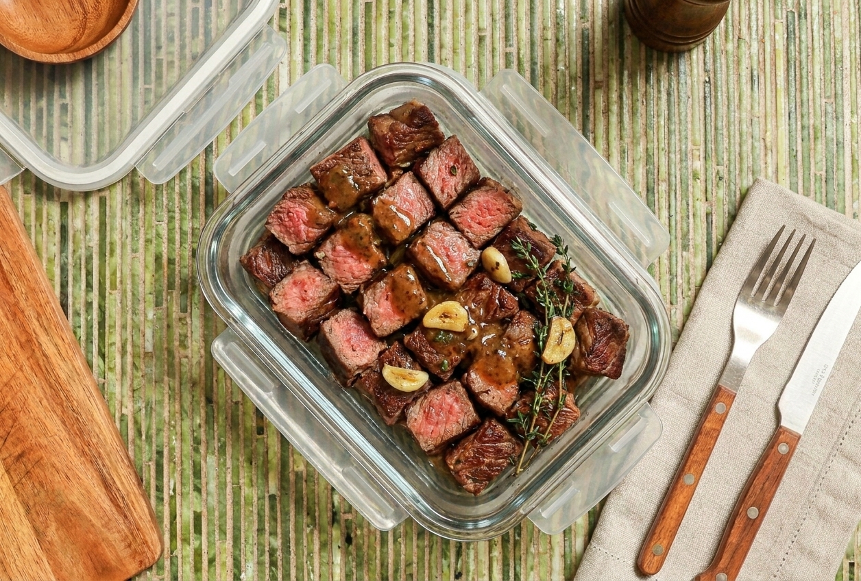 Sliced cooked boneless steak arranged in a glass meal prep container with a small portion of pan sauce, set on a kitchen counter