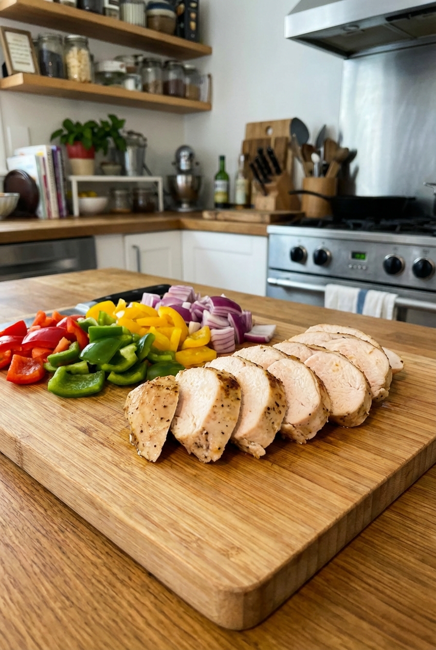 Sliced cooked chicken breast on a cutting board with peppers and onions nearby