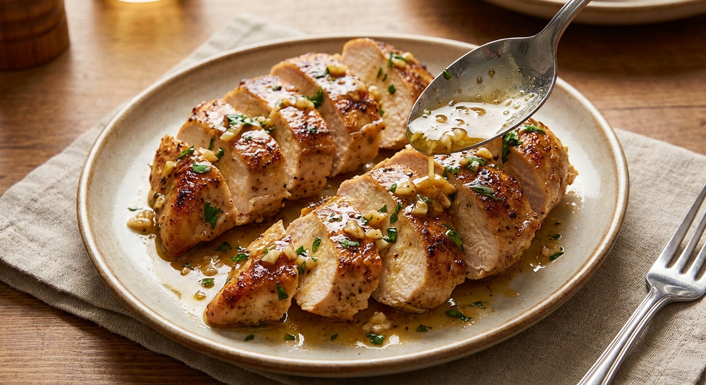 Sliced cooked chicken breast on a plate with lemon garlic pan sauce spooned over the top