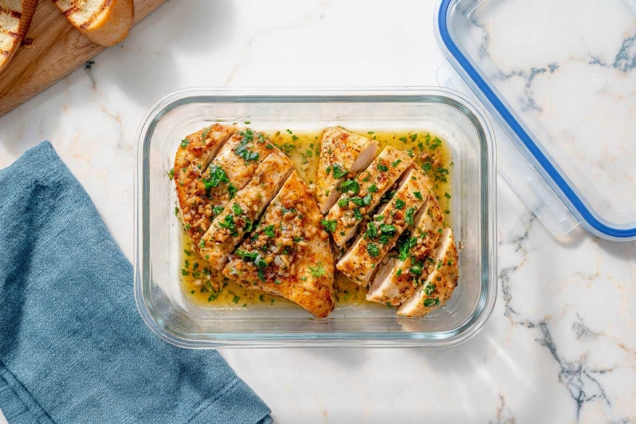 Sliced cooked chicken in a glass meal prep container with lemony pan sauce and parsley, sitting on a kitchen counter next to a lid