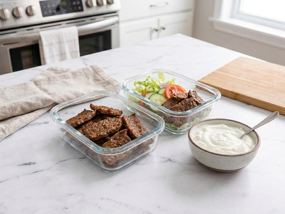 Sliced cooked doner meat portioned in glass meal prep containers on a kitchen counter, with sauce in a small container nearby