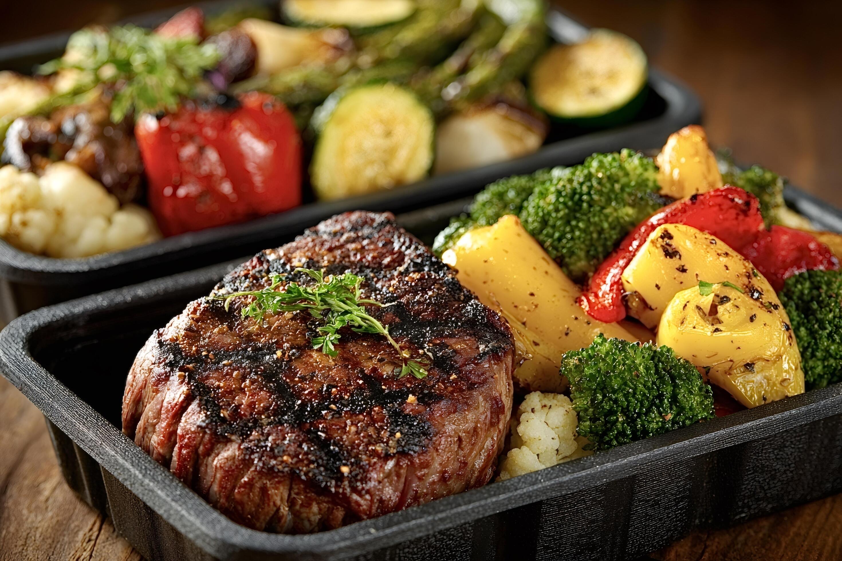 Sliced cooked steak arranged in a glass meal prep container with a tight-fitting lid on a kitchen counter