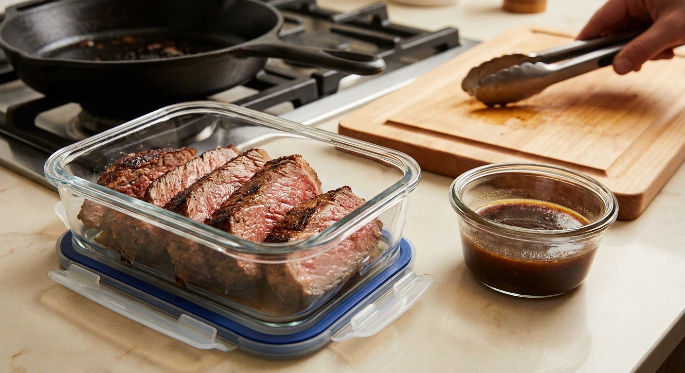 Sliced cooked steak arranged in an airtight glass container with a small separate cup of pan juices on a kitchen counter