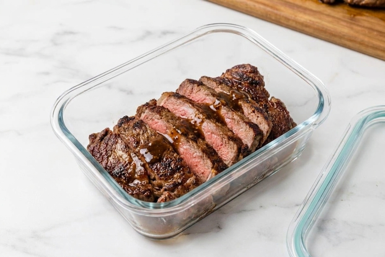 Sliced cooked steak in a glass meal prep container with a small amount of pan sauce, placed on a kitchen counter next to a lid