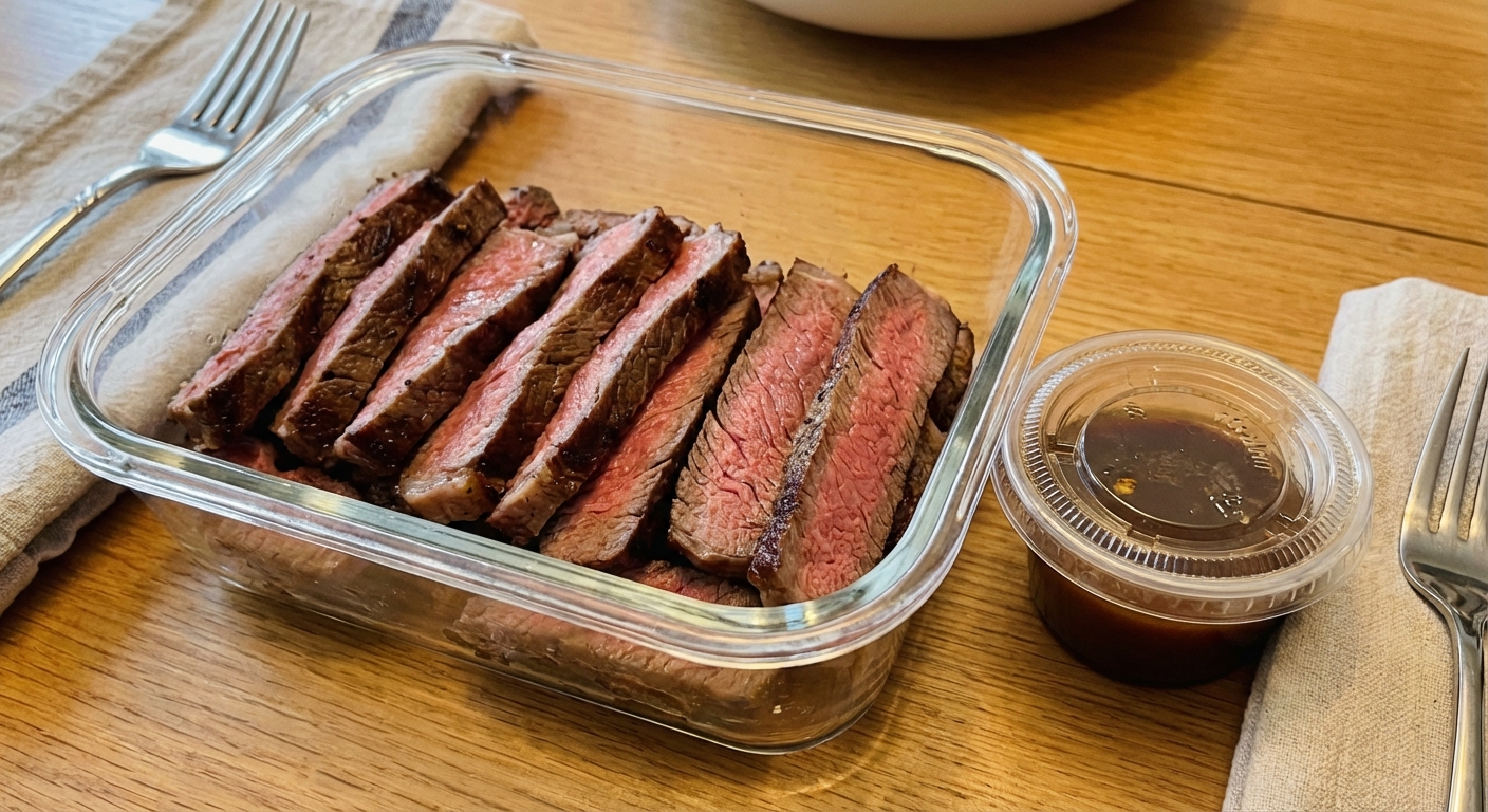 Sliced cooked steak stored in a glass container with a lid, with a small container of sauce beside it