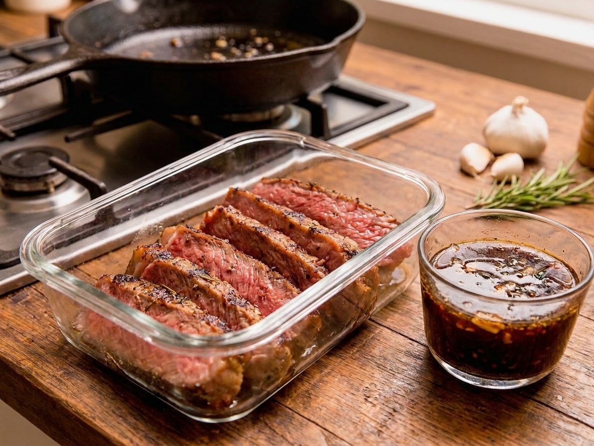 Sliced cooked striploin steak stored in a glass meal prep container with a small cup of pan juices beside it on a kitchen counter
