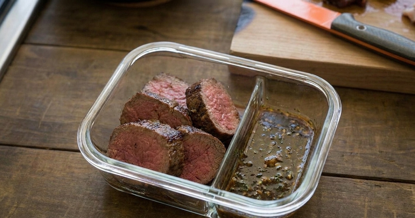 Sliced cooked venison backstrap stored in a glass meal prep container with a small compartment of pan sauce, set on a kitchen counter