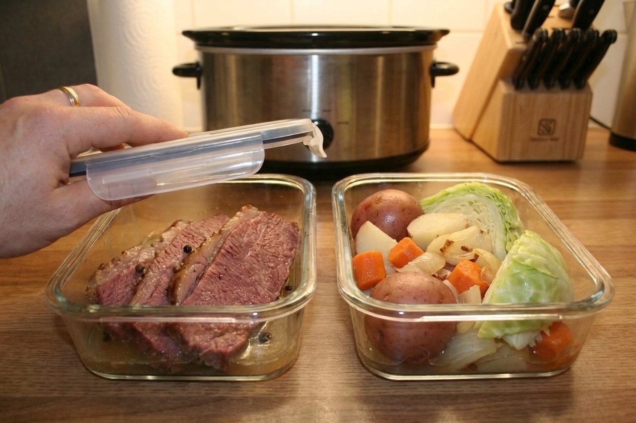 Sliced corned beef and cooked vegetables stored in clear airtight containers with a little broth, sitting on a kitchen counter