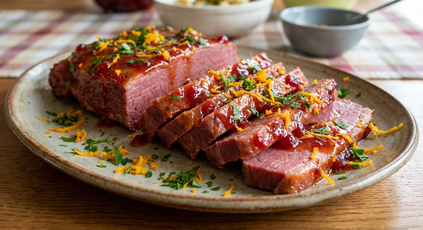 Sliced corned beef on a platter with a shiny orange-cranberry glaze, scattered with citrus zest and parsley