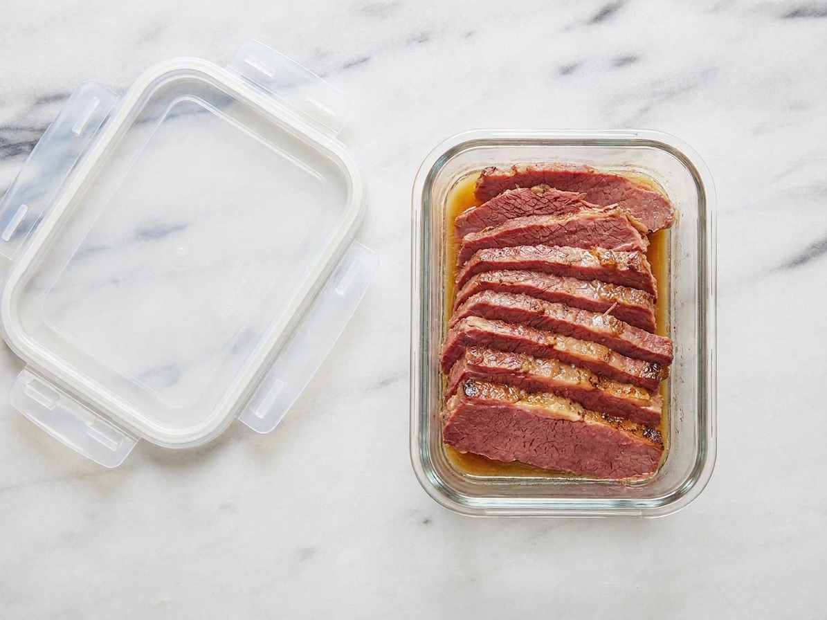 Sliced corned beef stored in a glass meal prep container with a little broth, on a kitchen counter next to a lid