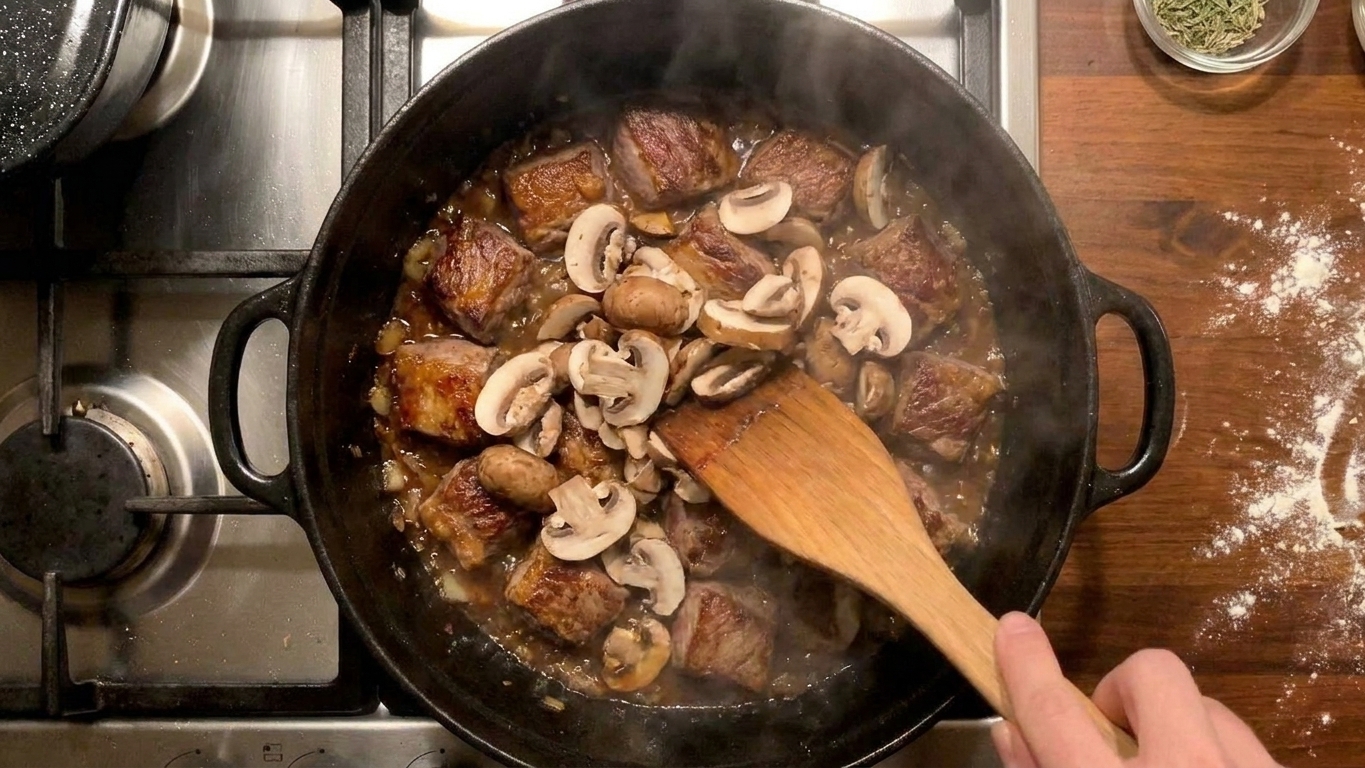 Sliced cremini mushrooms being stirred into a simmering pot of braised beef heart and sauce on the stovetop