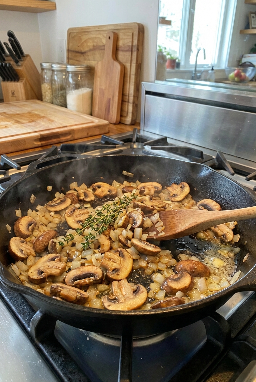Sliced cremini mushrooms browning in a skillet with onions and thyme