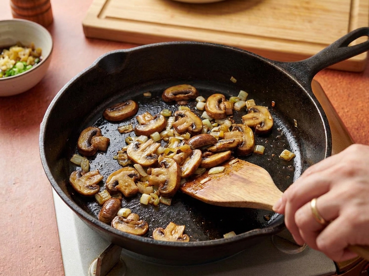 Sliced cremini mushrooms browning in a skillet with scallion whites