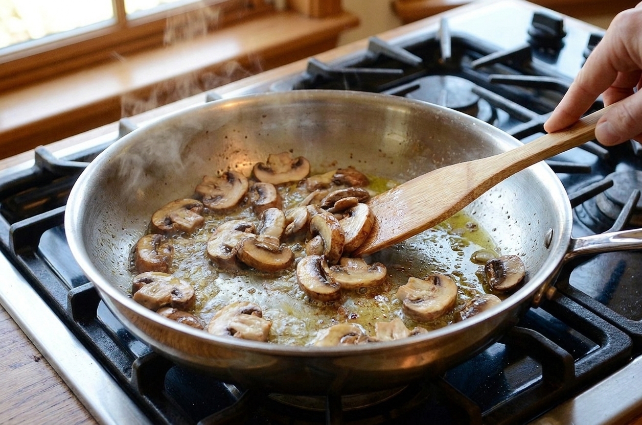 Sliced cremini mushrooms browning in a stainless steel skillet on a home stove