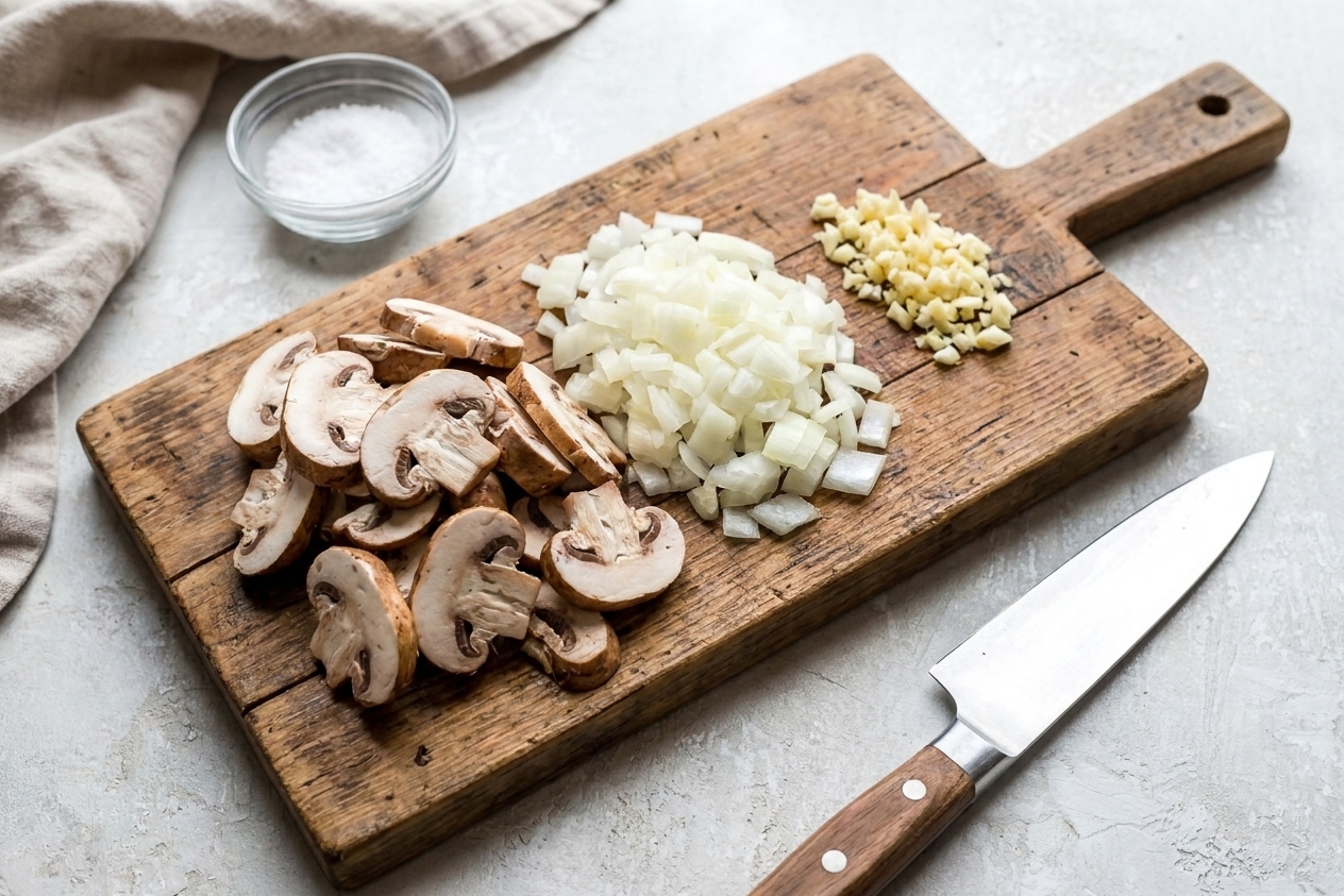 Sliced cremini mushrooms, chopped onion, and minced garlic arranged on a cutting board beside a chef's knife on a kitchen counter