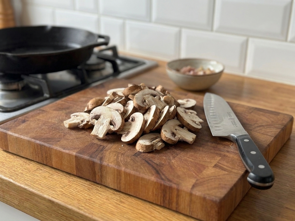Sliced cremini mushrooms on a wooden cutting board with a chef's knife in a bright home kitchen