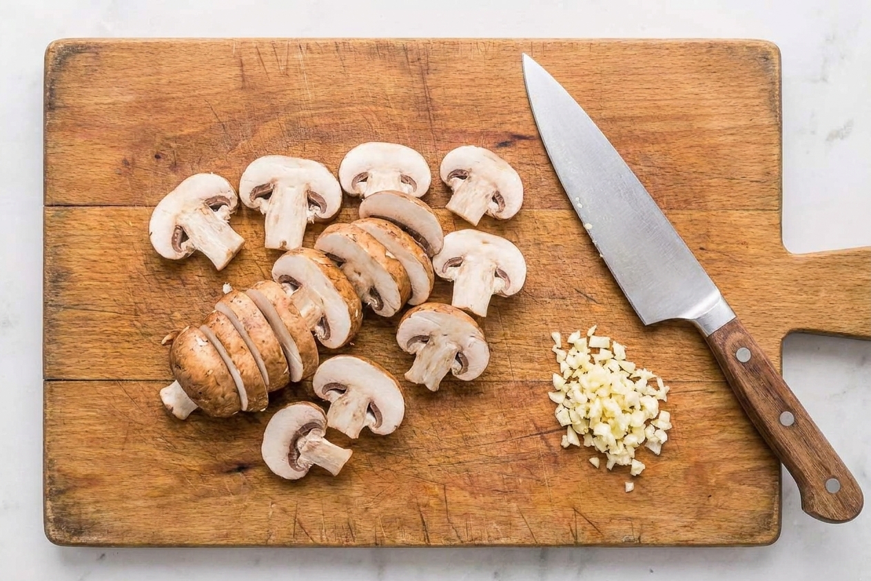 Sliced cremini mushrooms on a wooden cutting board with a chef’s knife and a small pile of minced garlic nearby