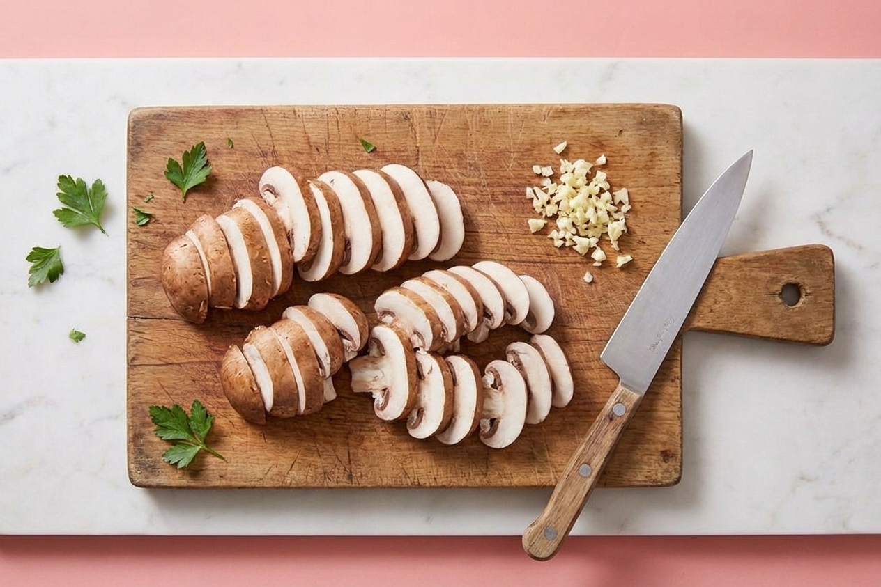 Sliced cremini mushrooms on a wooden cutting board with a chef's knife and a small pile of minced garlic nearby