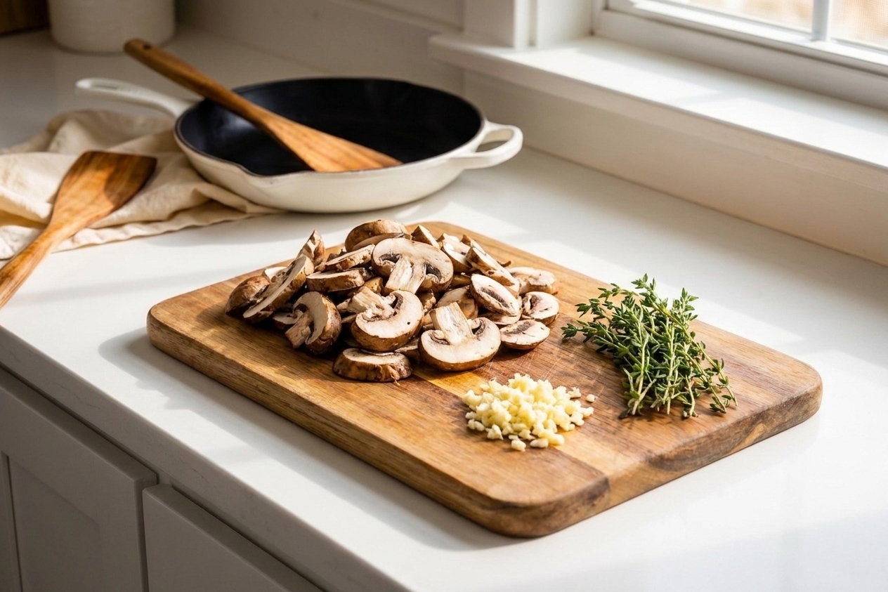 Sliced cremini mushrooms on a wooden cutting board next to minced garlic and a small pile of thyme, ready for cooking