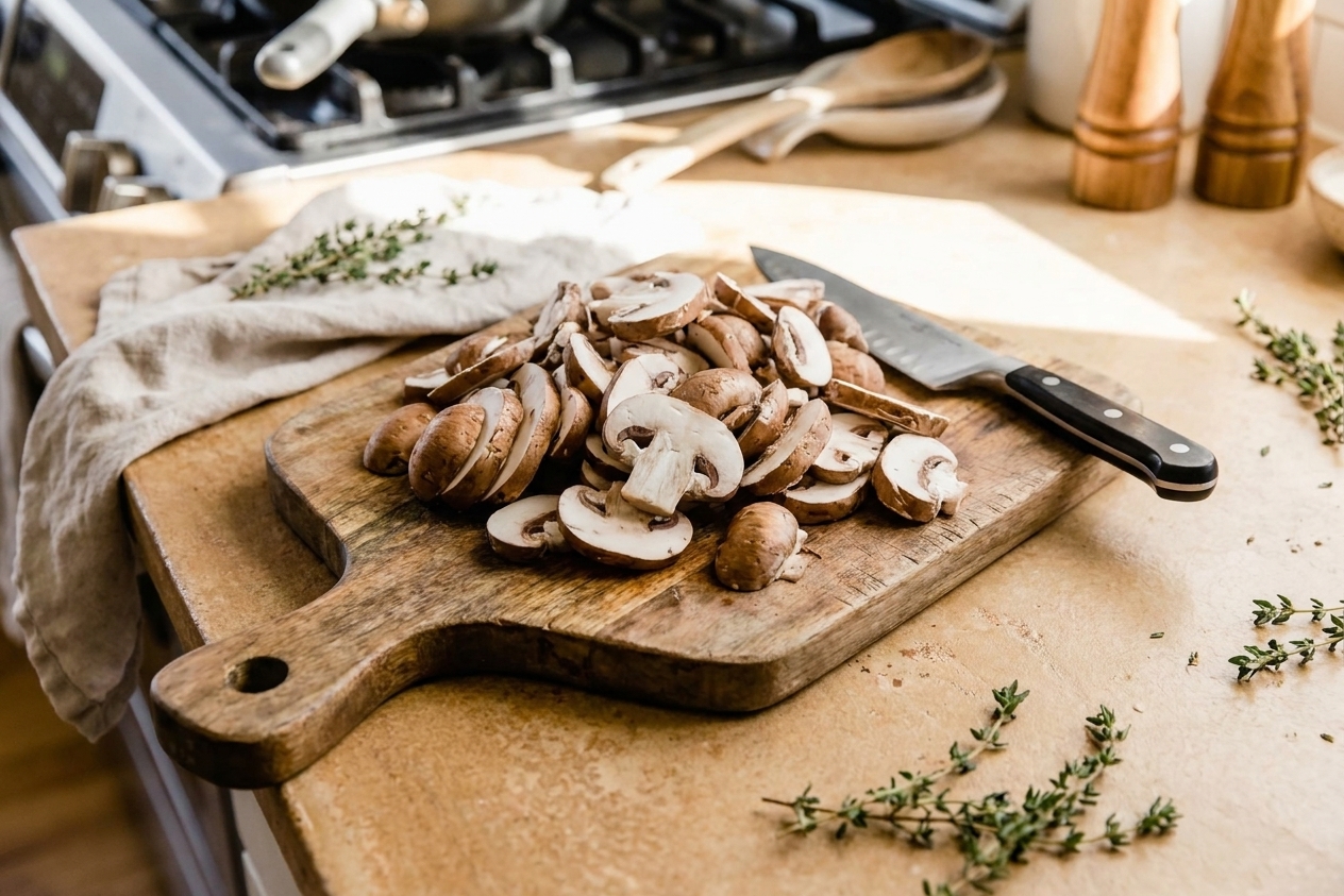 Sliced cremini mushrooms piled on a wooden cutting board next to a chef's knife on a bright kitchen counter
