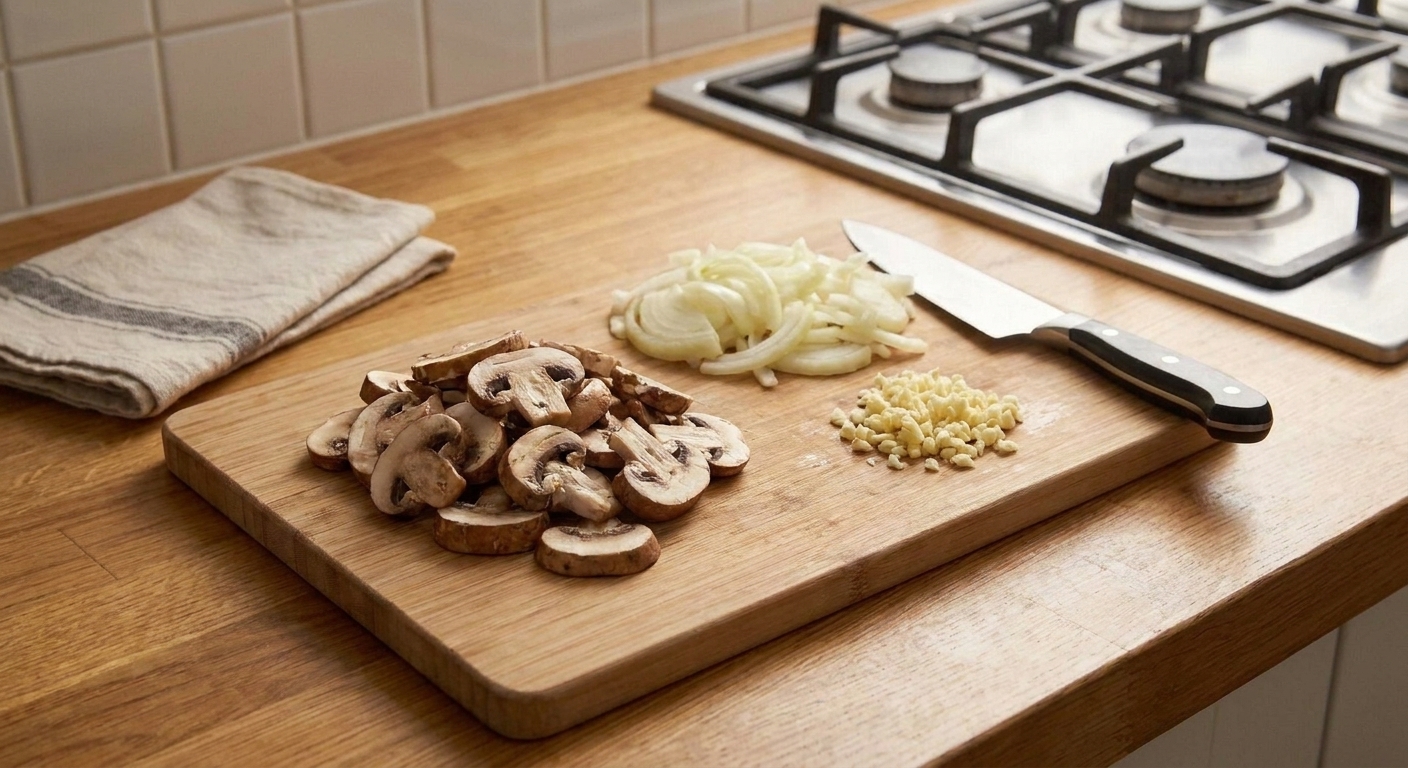 Sliced cremini mushrooms, sliced onion, and minced garlic prepped on a cutting board