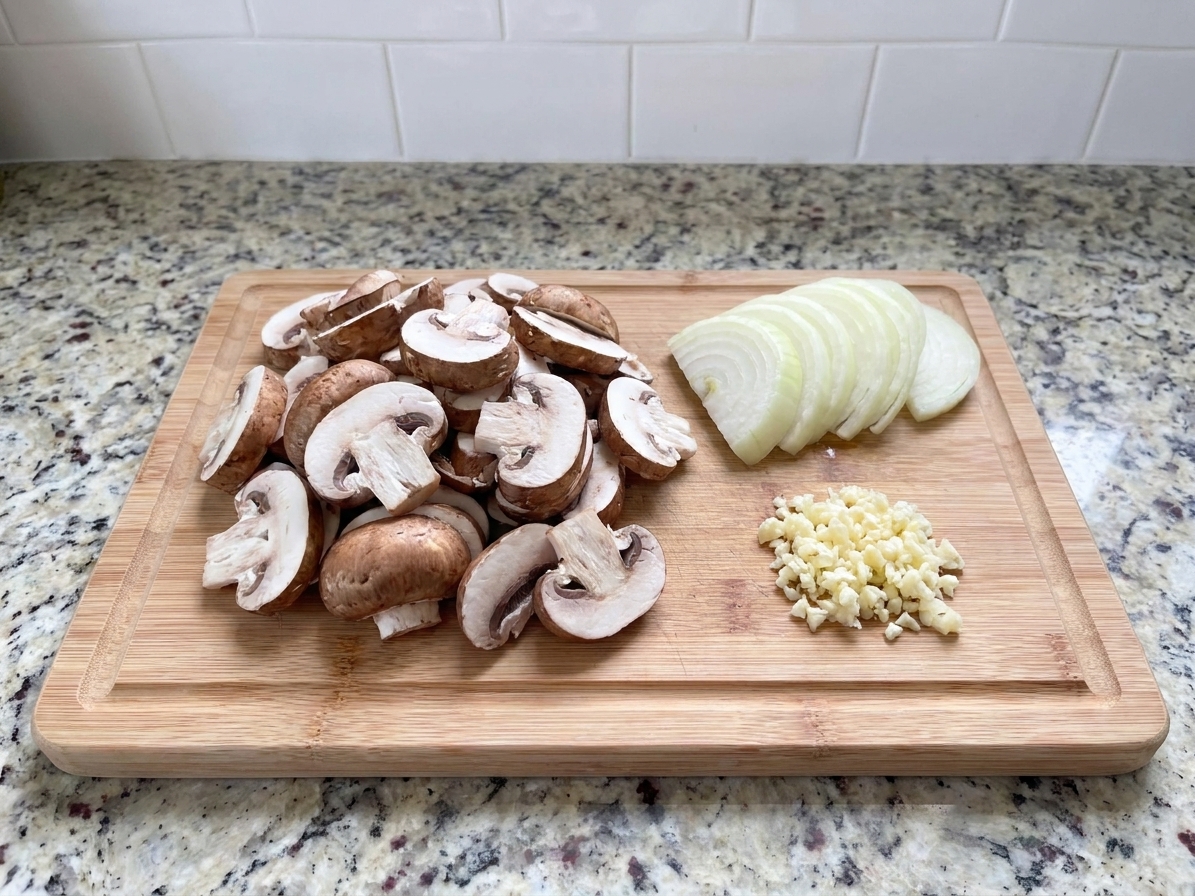 Sliced cremini mushrooms, thinly sliced onion, and minced garlic on a cutting board on a kitchen counter