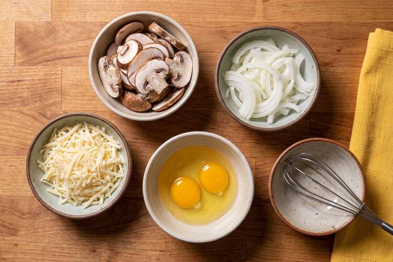 Sliced cremini mushrooms, thinly sliced onions, grated Gruyere, and cracked eggs arranged in small bowls on a kitchen counter with warm natural light