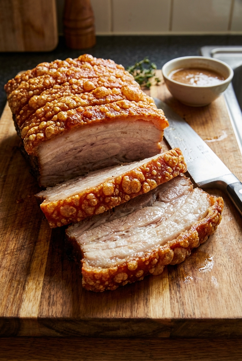 Sliced crispy pork belly on a cutting board showing bubbly crackling and juicy layers of meat and fat