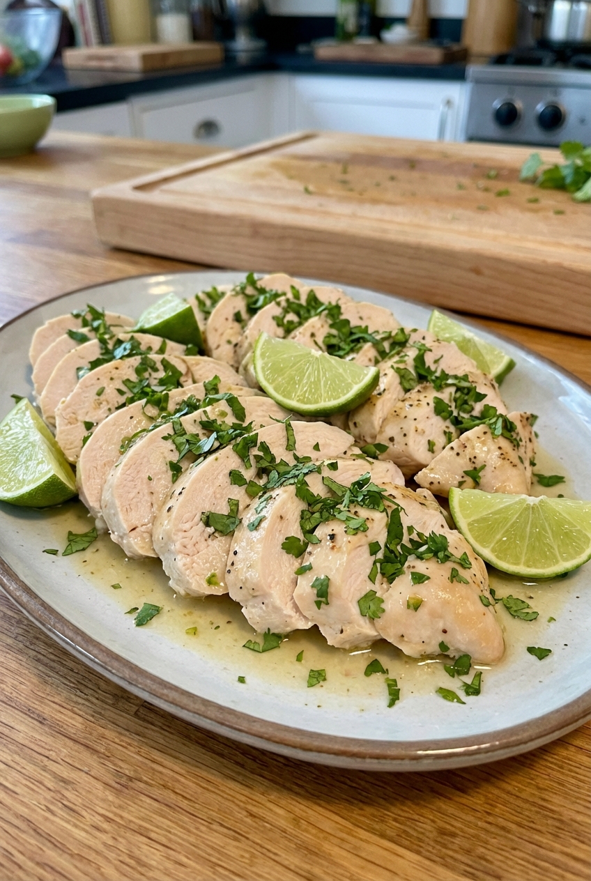 Sliced crock pot chicken breast on a platter with lime wedges, chopped cilantro, and a light citrus herb sauce