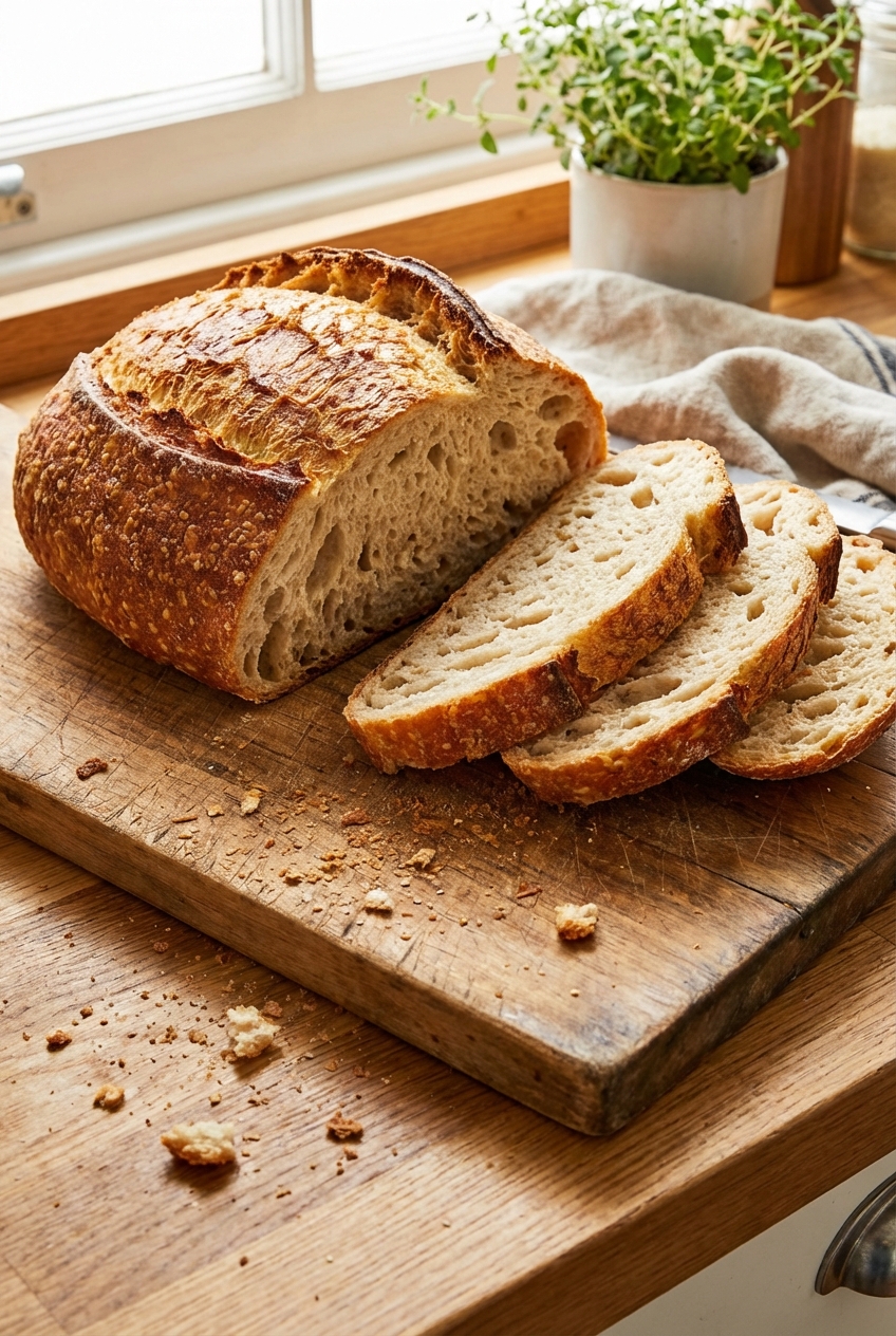 Sliced crusty bread loaf on a cutting board with crumbs scattered nearby